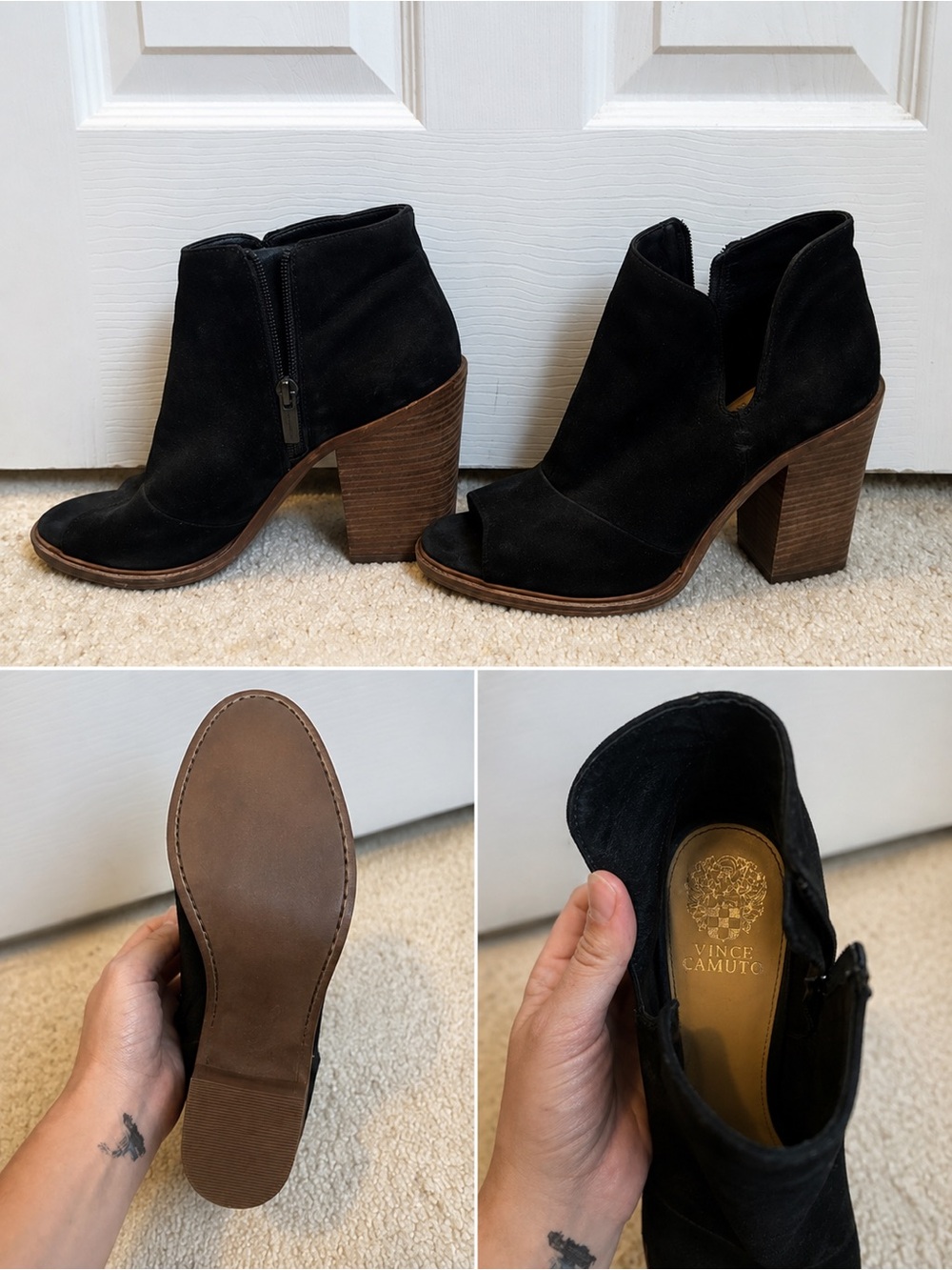 Vince Camuto Black Suede Peep-Toe Block Heel Ankle Boots
